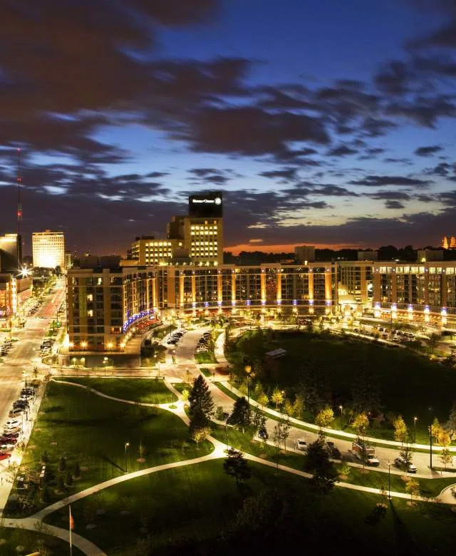 Aksarben Village illuminated at night