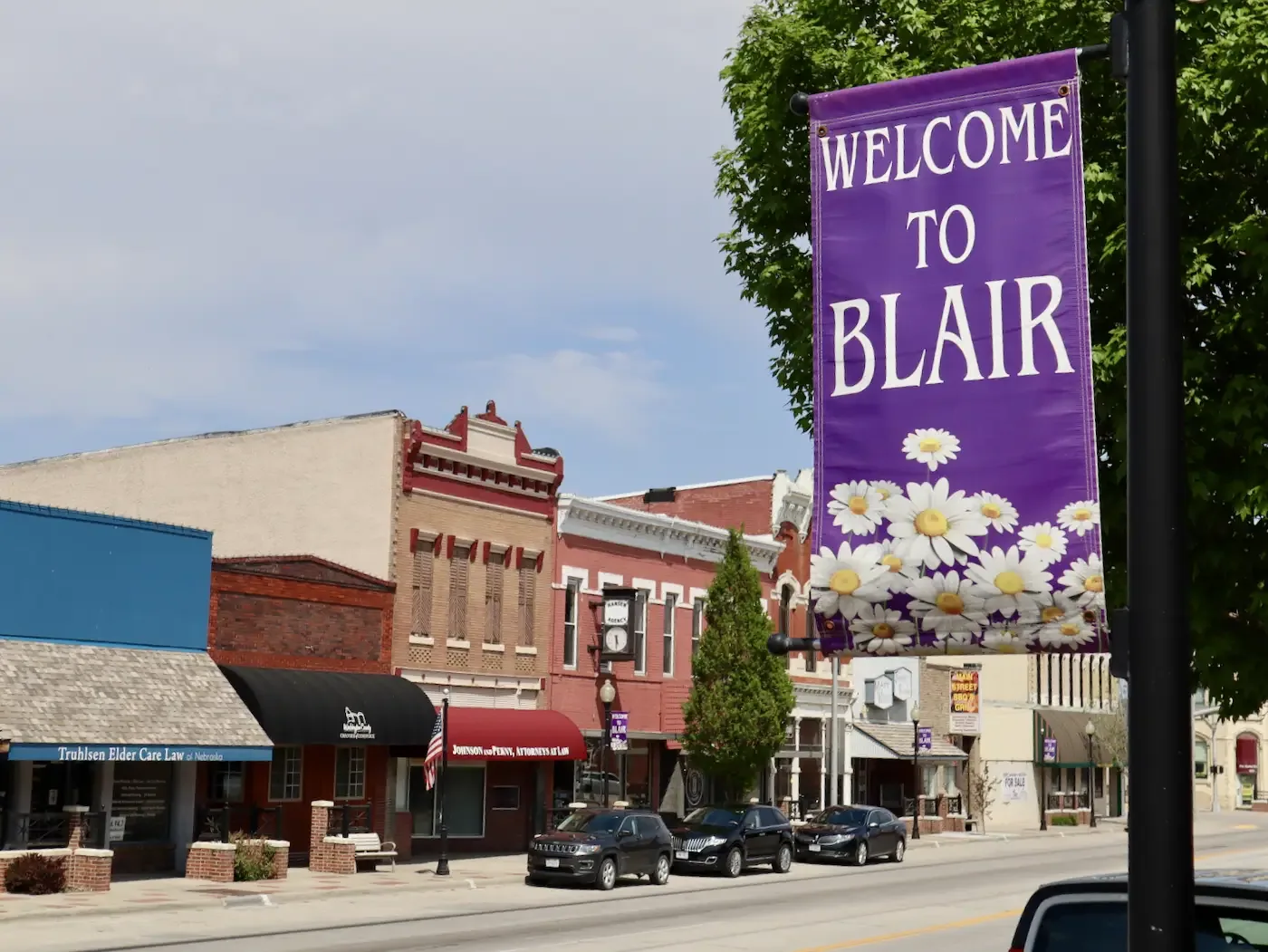 Welcome to Blair banner in downtown Blair