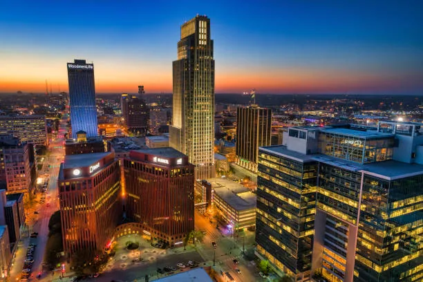 Downtown Omaha skyline at sunset
